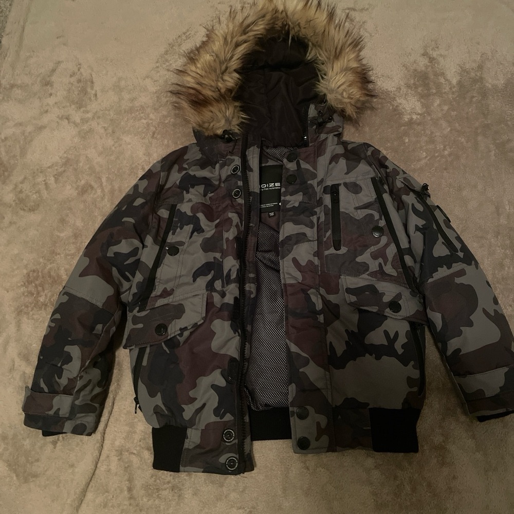 Noize Kids Camouflage Puffer Jacket with Faux Fur Hood